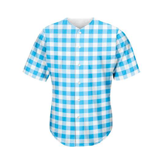 Cyan Blue And White Gingham Print Men's Baseball Jersey