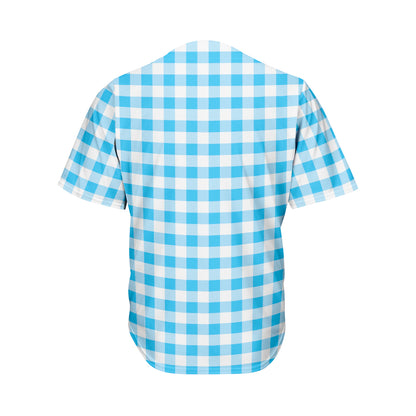 Cyan Blue And White Gingham Print Men's Baseball Jersey