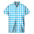 Cyan Blue And White Gingham Print Men's Short Sleeve Shirt