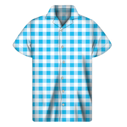 Cyan Blue And White Gingham Print Men's Short Sleeve Shirt