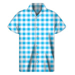 Cyan Blue And White Gingham Print Men's Short Sleeve Shirt