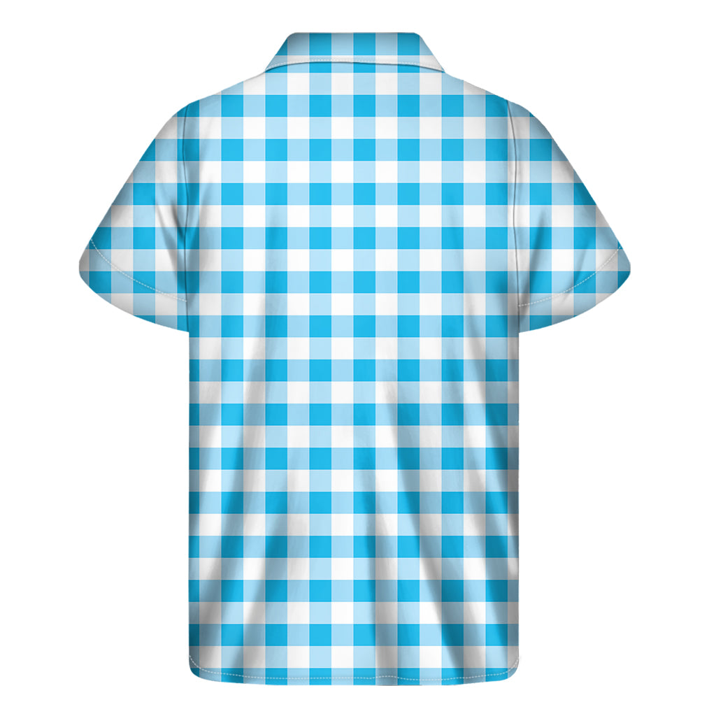 Cyan Blue And White Gingham Print Men's Short Sleeve Shirt