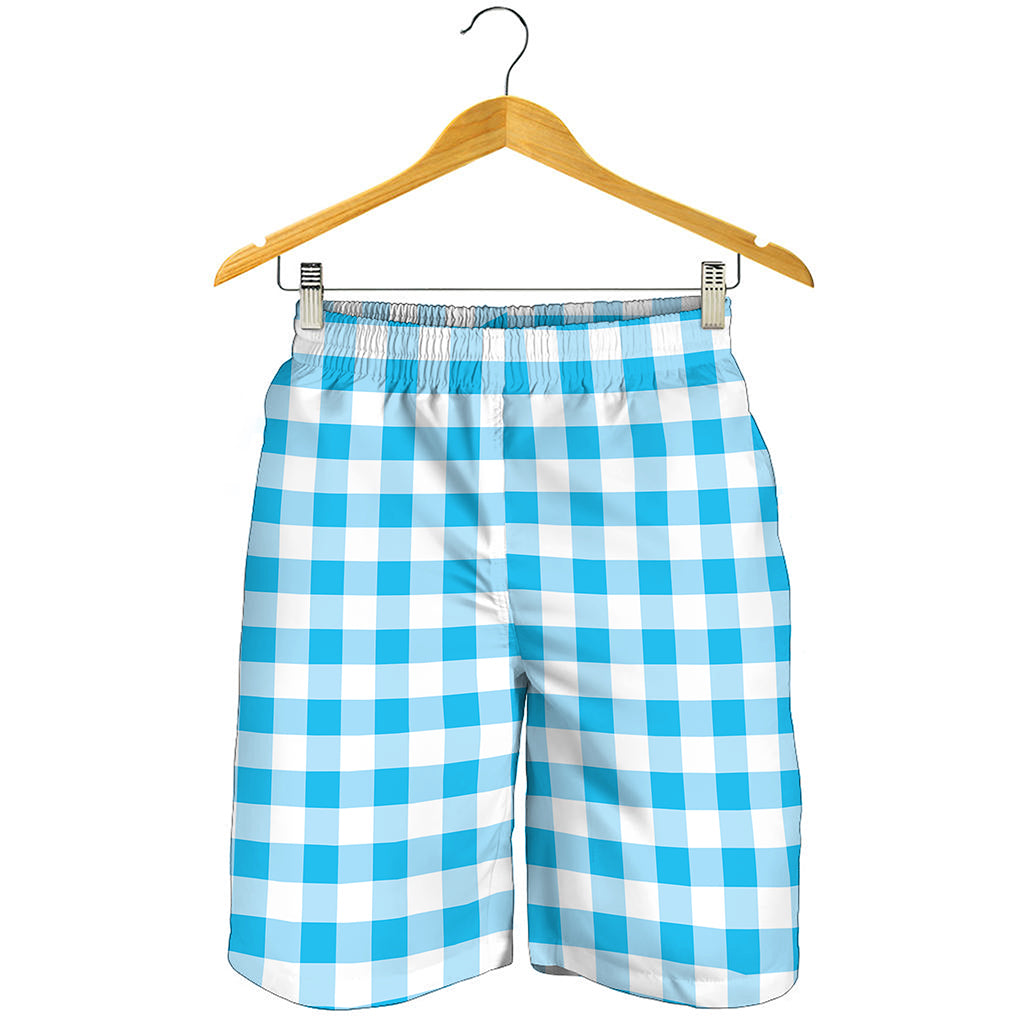 Cyan Blue And White Gingham Print Men's Shorts