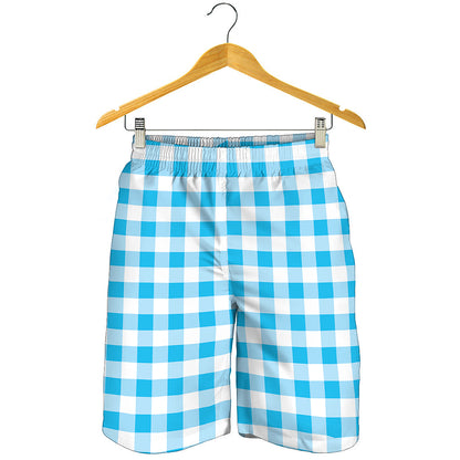Cyan Blue And White Gingham Print Men's Shorts
