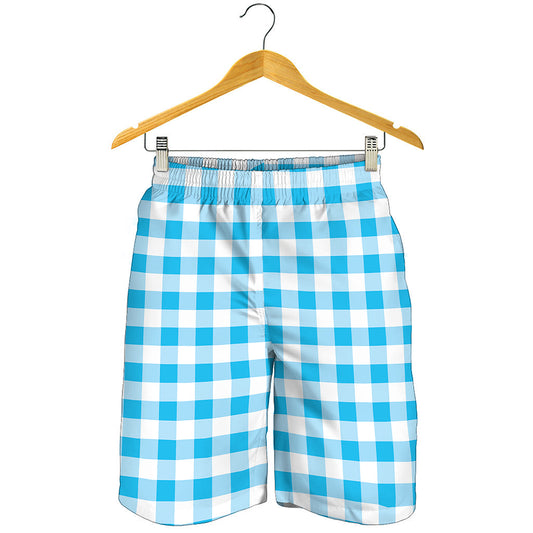 Cyan Blue And White Gingham Print Men's Shorts