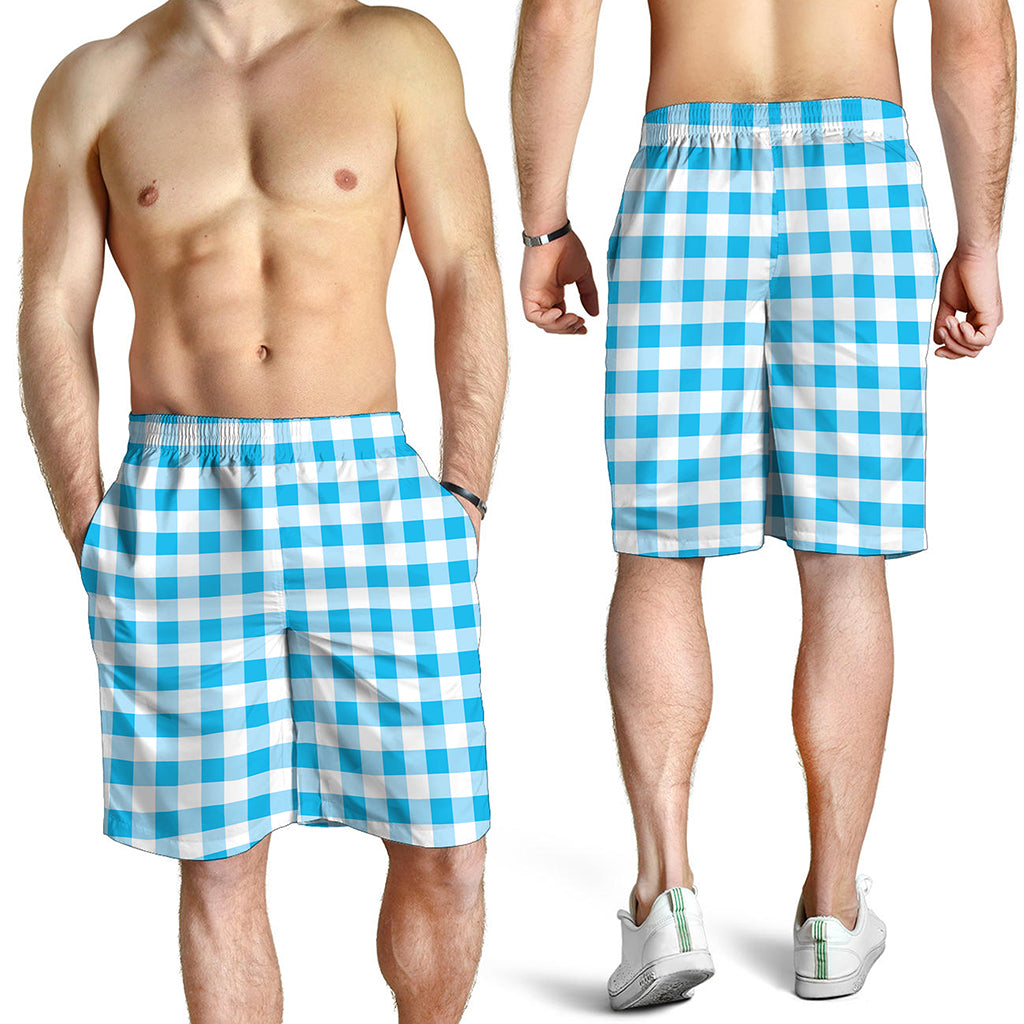Cyan Blue And White Gingham Print Men's Shorts