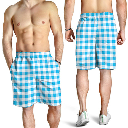 Cyan Blue And White Gingham Print Men's Shorts