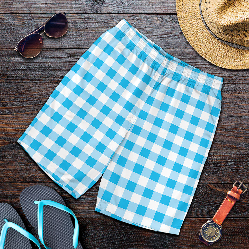 Cyan Blue And White Gingham Print Men's Shorts