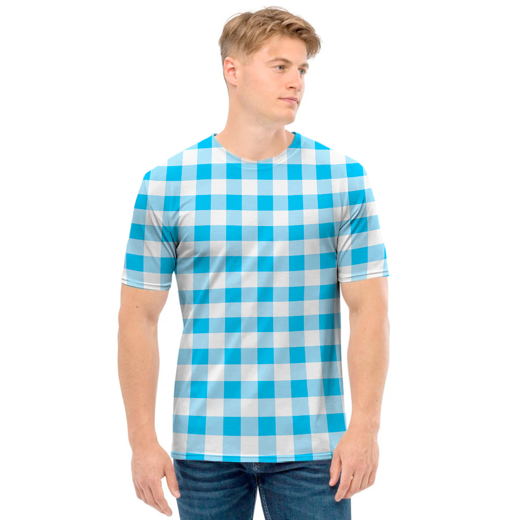 Cyan Blue And White Gingham Print Men's T-Shirt