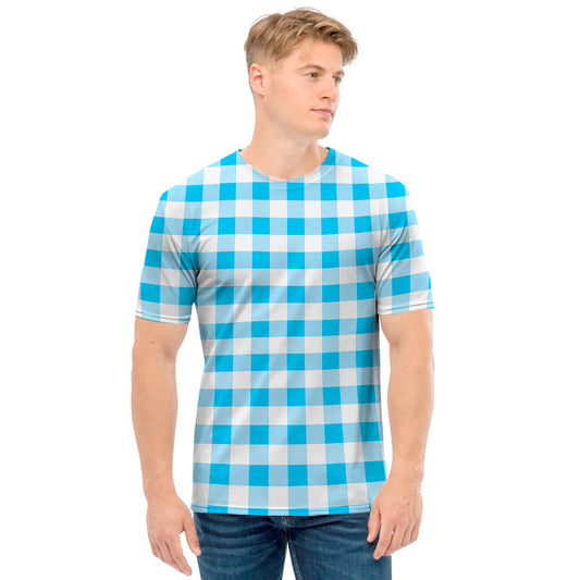 Cyan Blue And White Gingham Print Men's T-Shirt