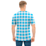 Cyan Blue And White Gingham Print Men's T-Shirt