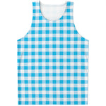 Cyan Blue And White Gingham Print Men's Tank Top