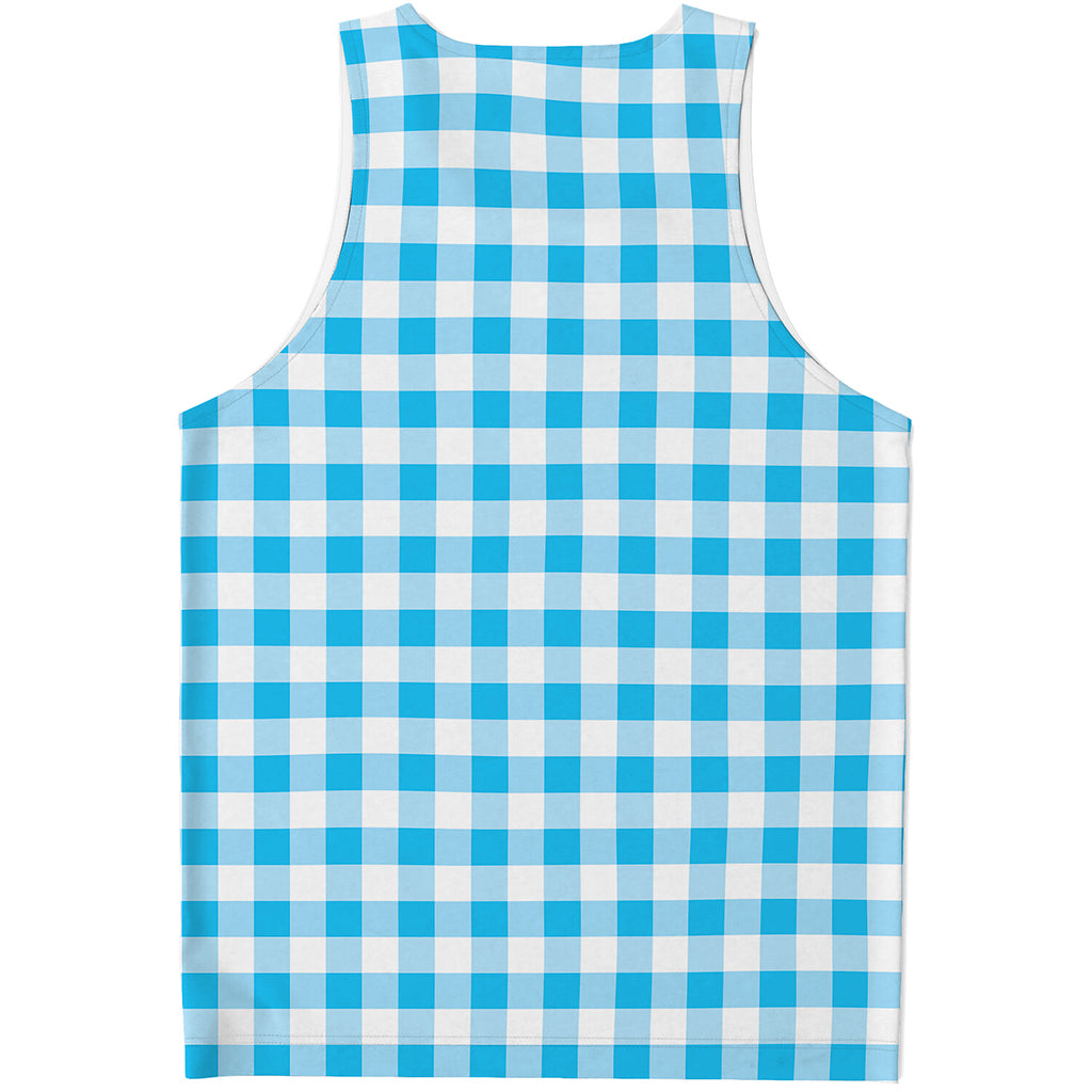 Cyan Blue And White Gingham Print Men's Tank Top