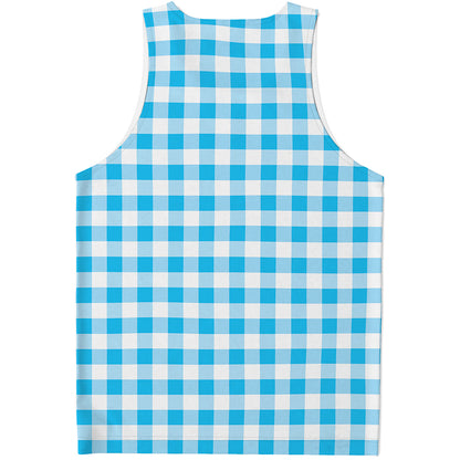 Cyan Blue And White Gingham Print Men's Tank Top