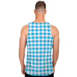 Cyan Blue And White Gingham Print Men's Tank Top