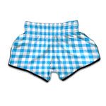 Cyan Blue And White Gingham Print Muay Thai Boxing Shorts