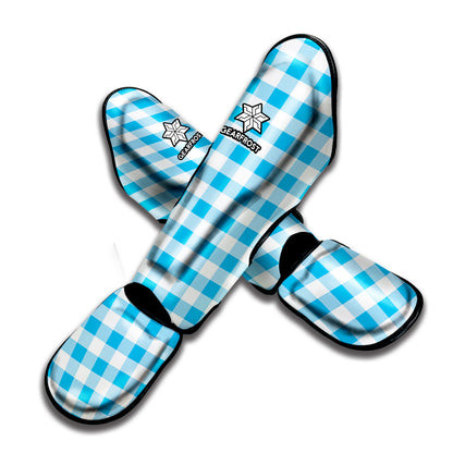 Cyan Blue And White Gingham Print Muay Thai Shin Guard