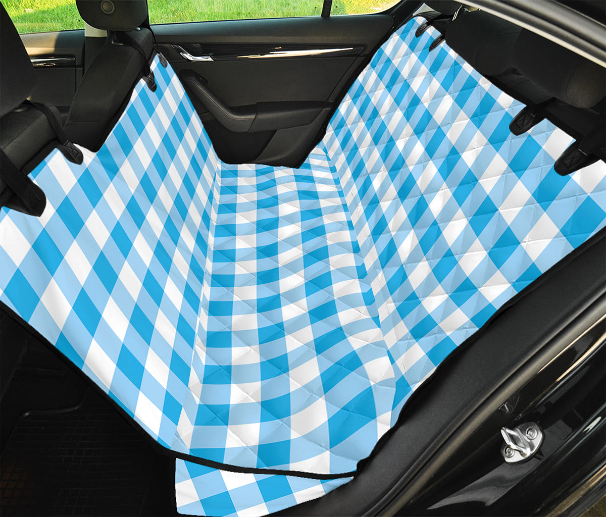 Cyan Blue And White Gingham Print Pet Car Back Seat Cover