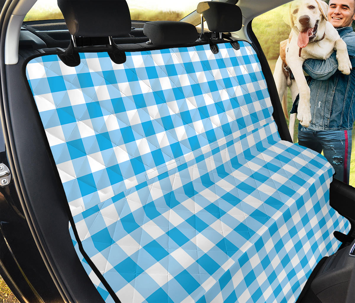 Cyan Blue And White Gingham Print Pet Car Back Seat Cover