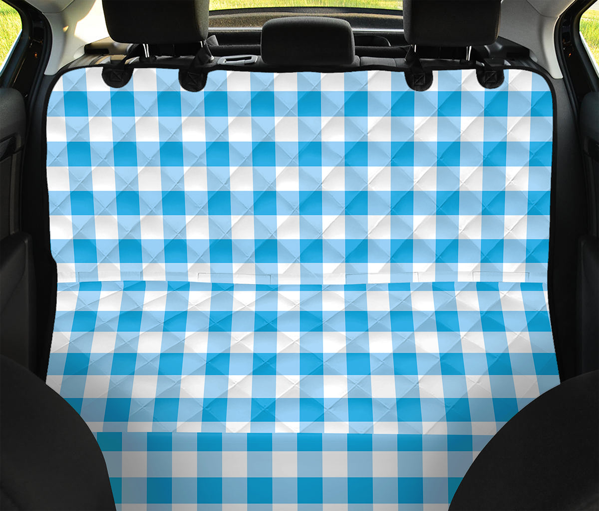 Cyan Blue And White Gingham Print Pet Car Back Seat Cover