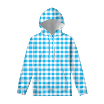 Cyan Blue And White Gingham Print Pullover Hoodie