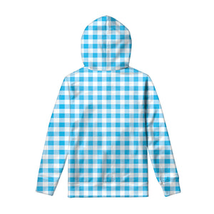 Cyan Blue And White Gingham Print Pullover Hoodie