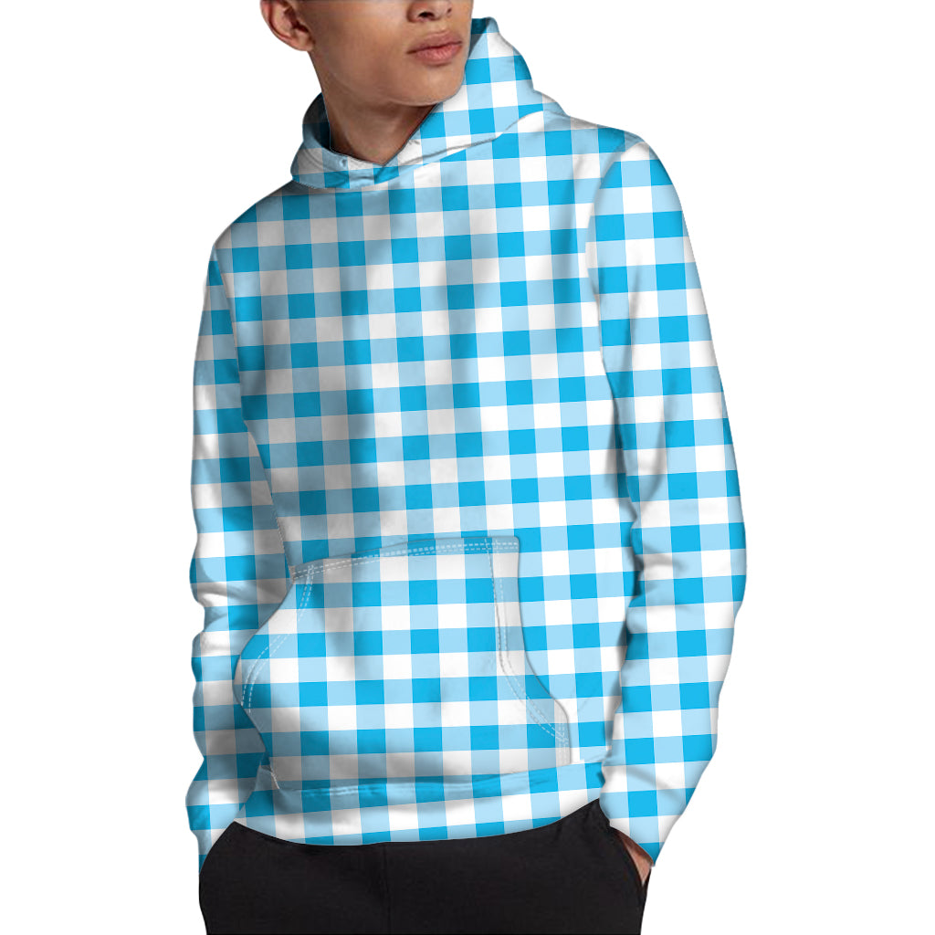 Cyan Blue And White Gingham Print Pullover Hoodie