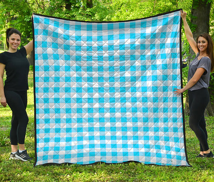 Cyan Blue And White Gingham Print Quilt