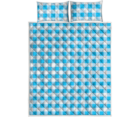 Cyan Blue And White Gingham Print Quilt Bed Set