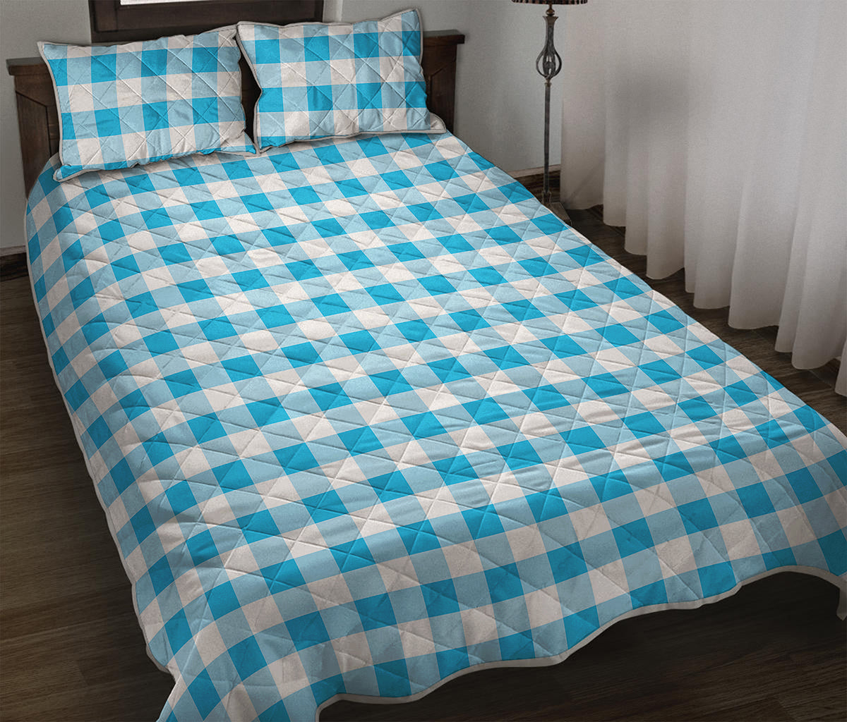 Cyan Blue And White Gingham Print Quilt Bed Set