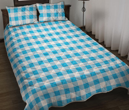 Cyan Blue And White Gingham Print Quilt Bed Set