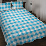Cyan Blue And White Gingham Print Quilt Bed Set