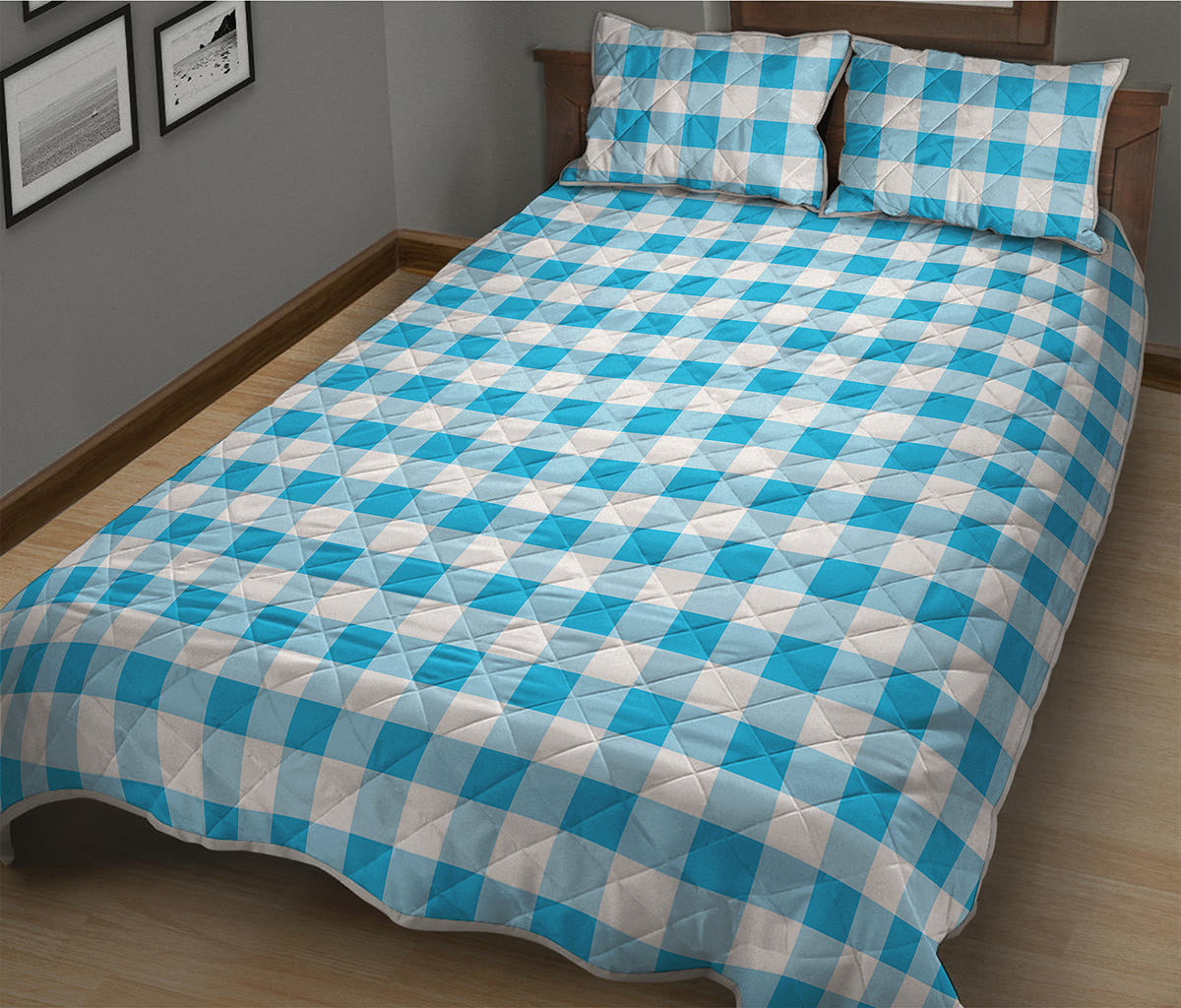 Cyan Blue And White Gingham Print Quilt Bed Set