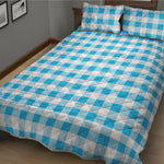 Cyan Blue And White Gingham Print Quilt Bed Set