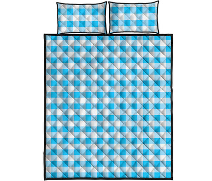 Cyan Blue And White Gingham Print Quilt Bed Set