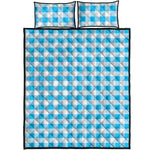Cyan Blue And White Gingham Print Quilt Bed Set