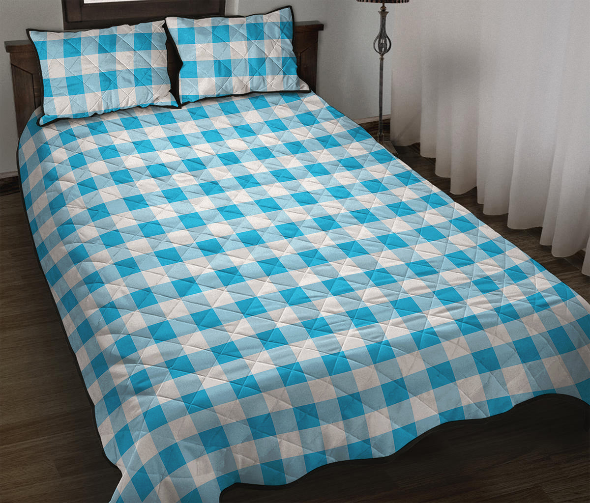Cyan Blue And White Gingham Print Quilt Bed Set