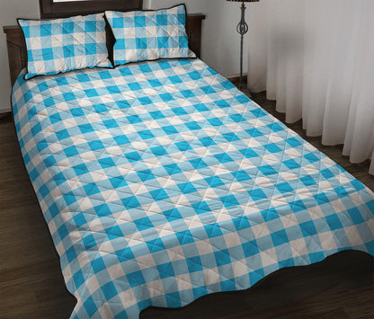 Cyan Blue And White Gingham Print Quilt Bed Set