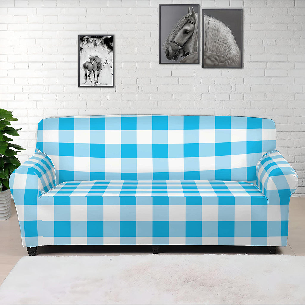 Cyan Blue And White Gingham Print Sofa Cover
