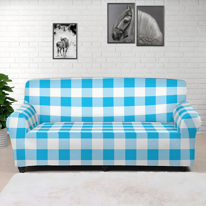 Cyan Blue And White Gingham Print Sofa Cover
