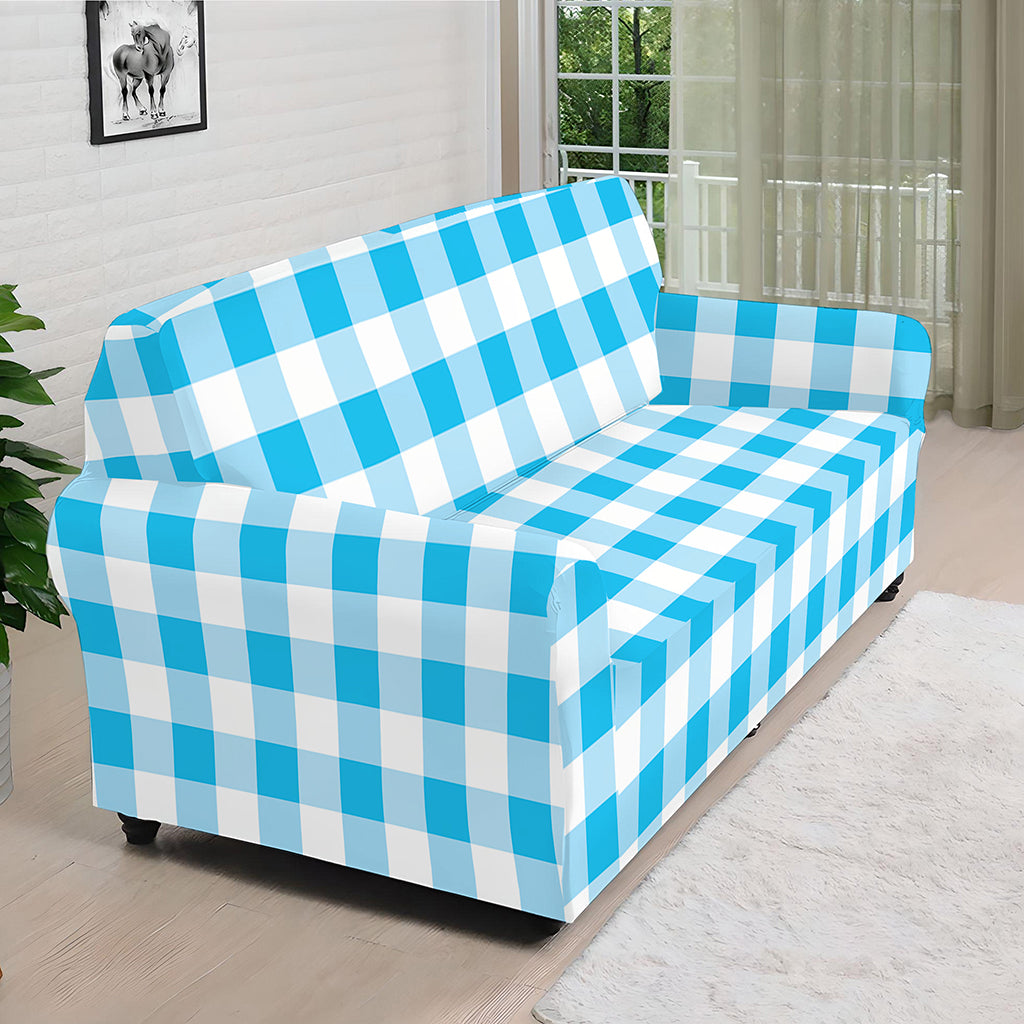 Cyan Blue And White Gingham Print Sofa Cover