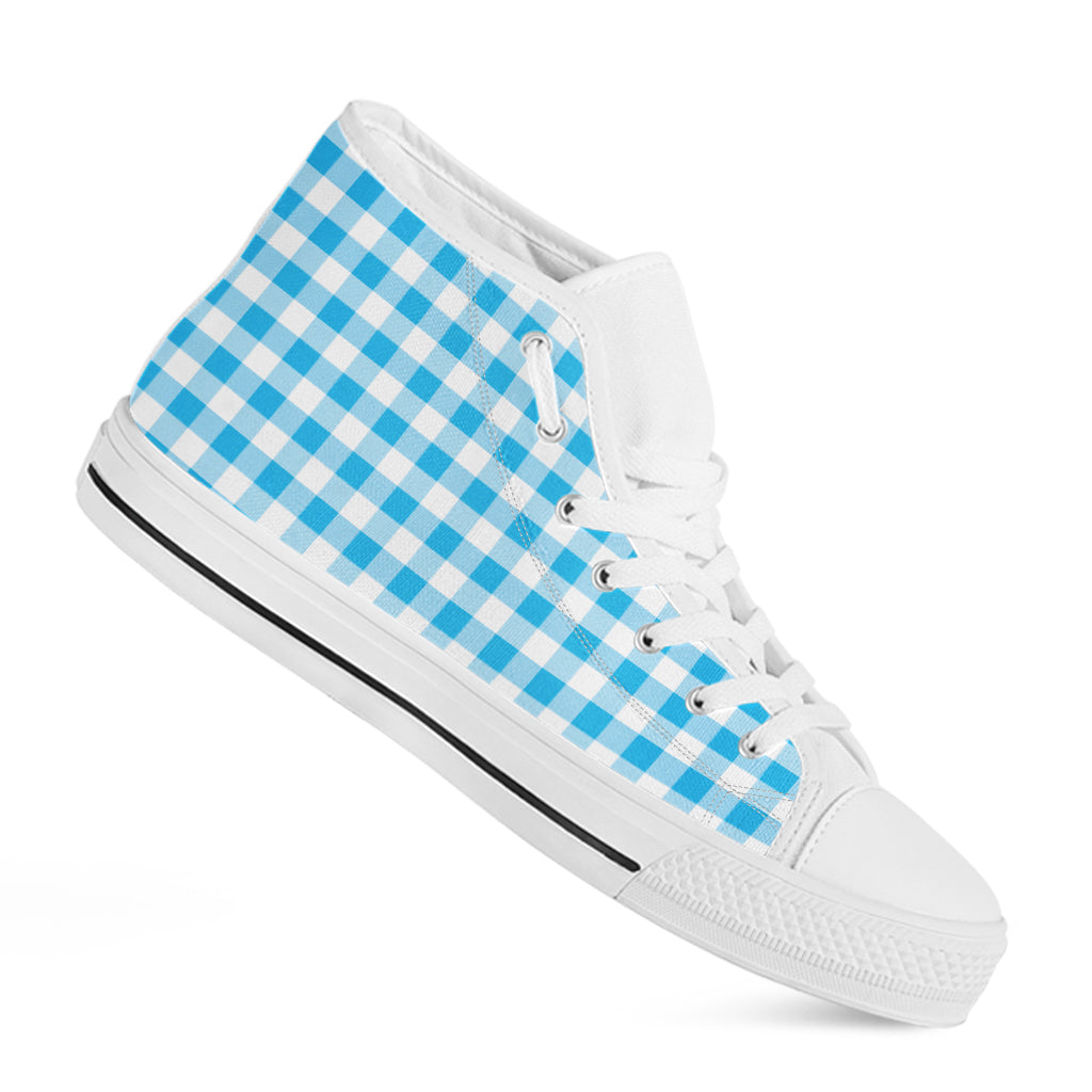 Cyan Blue And White Gingham Print White High Top Shoes