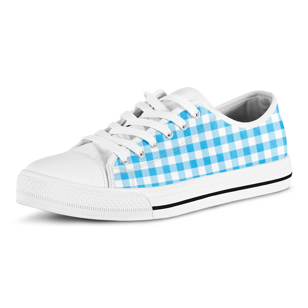 Cyan Blue And White Gingham Print White Low Top Shoes