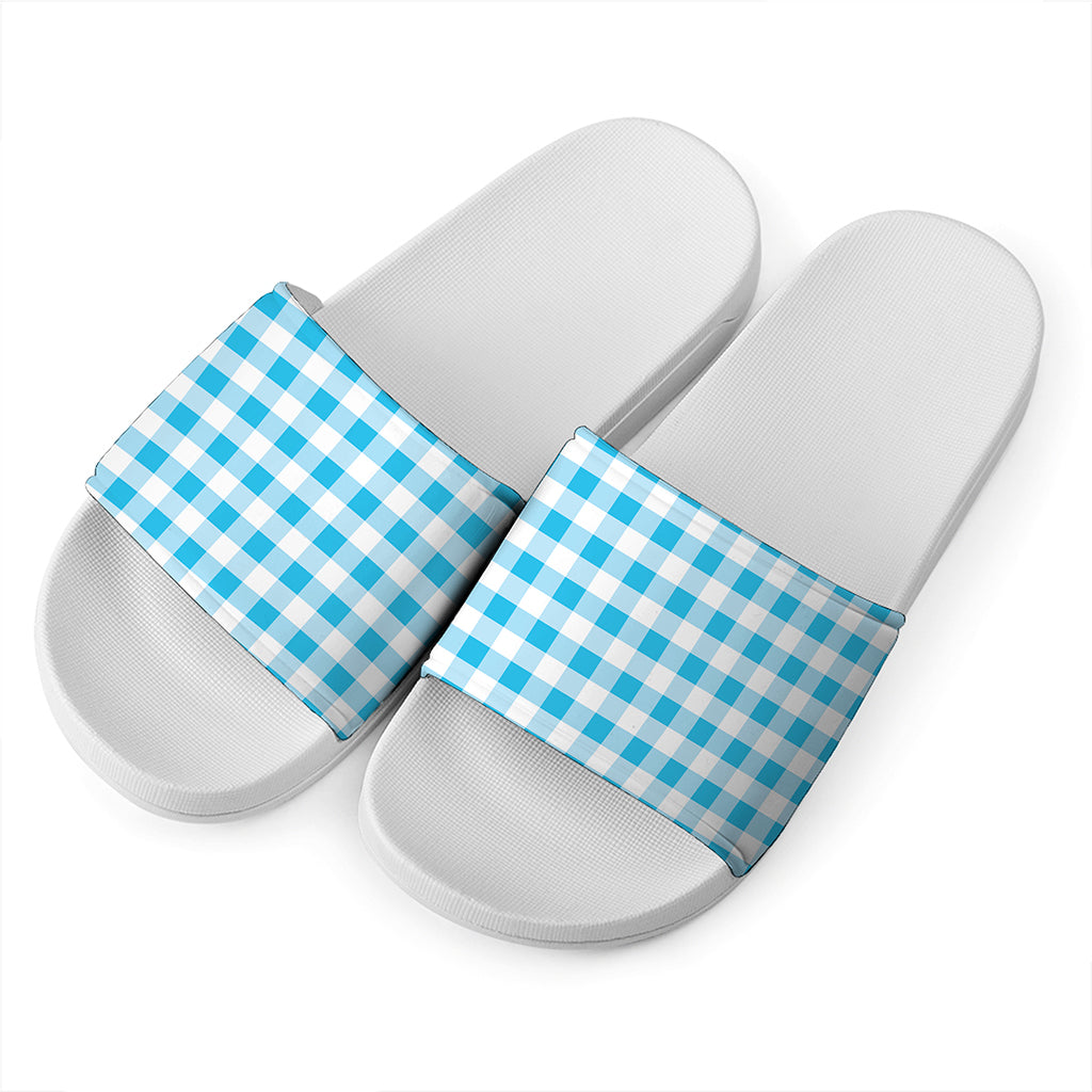 Cyan Blue And White Gingham Print White Slide Sandals