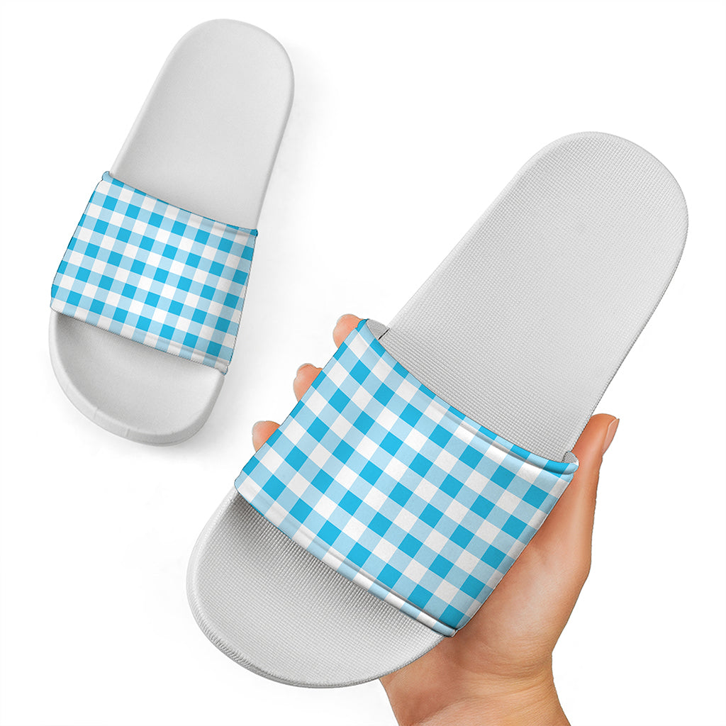 Cyan Blue And White Gingham Print White Slide Sandals