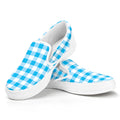 Cyan Blue And White Gingham Print White Slip On Sneakers