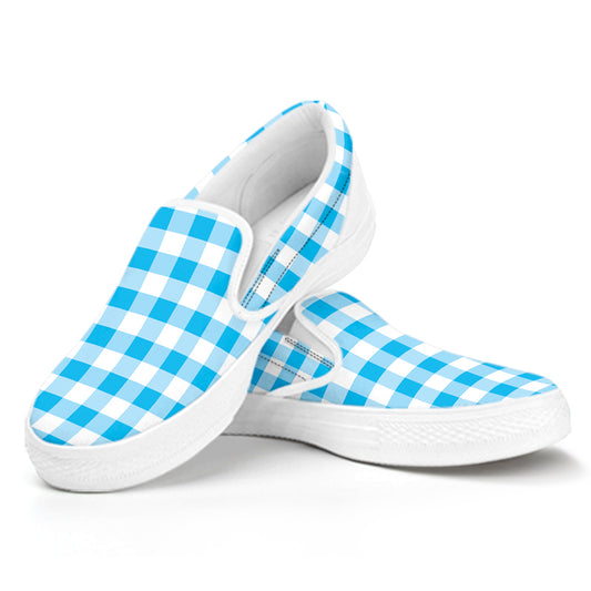 Cyan Blue And White Gingham Print White Slip On Shoes