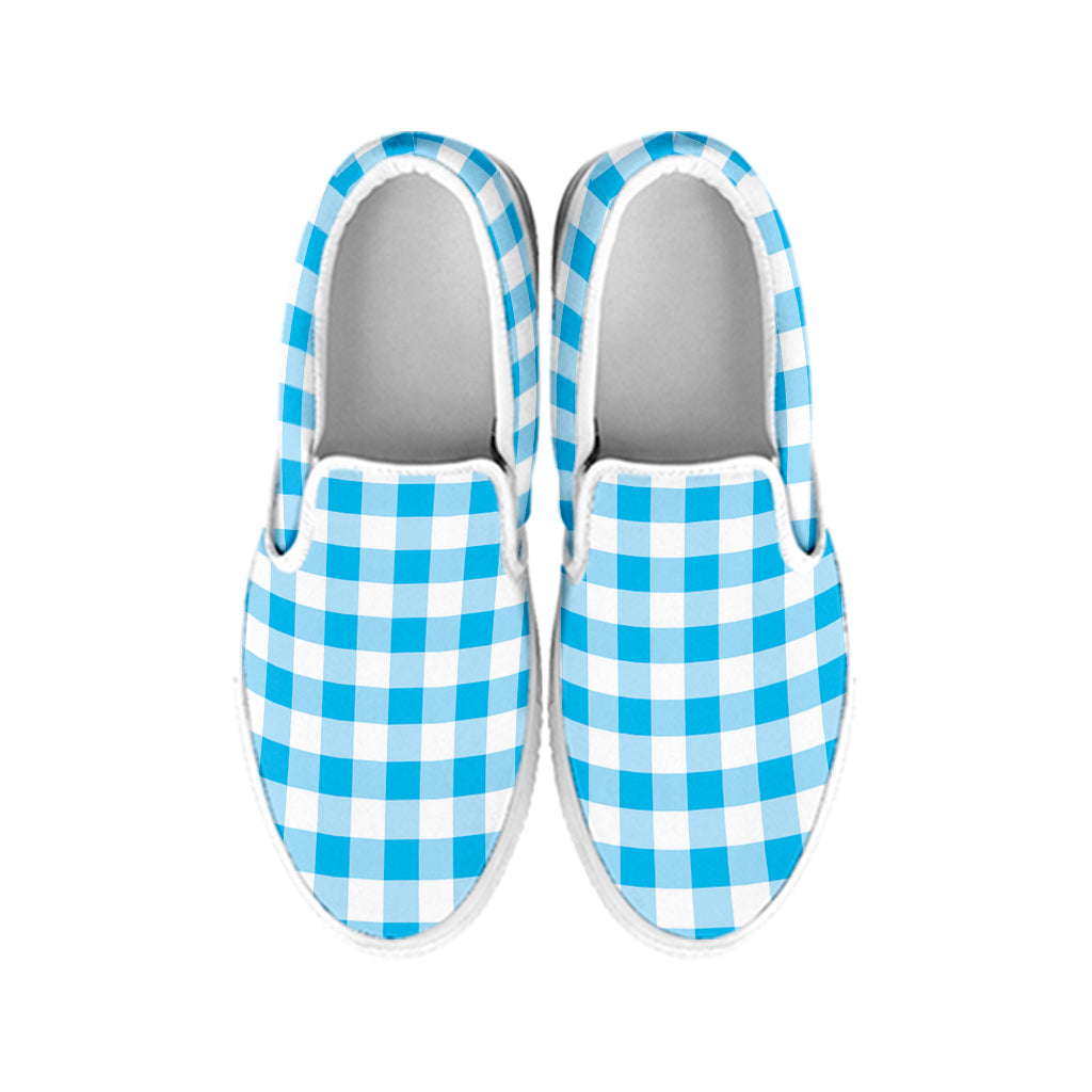 Cyan Blue And White Gingham Print White Slip On Shoes