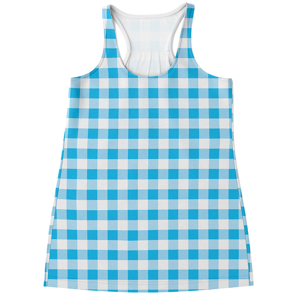 Cyan Blue And White Gingham Print Women's Racerback Tank Top