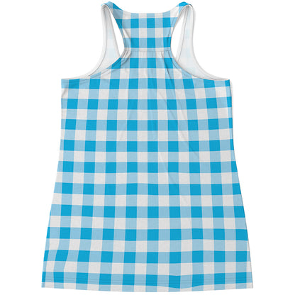 Cyan Blue And White Gingham Print Women's Racerback Tank Top